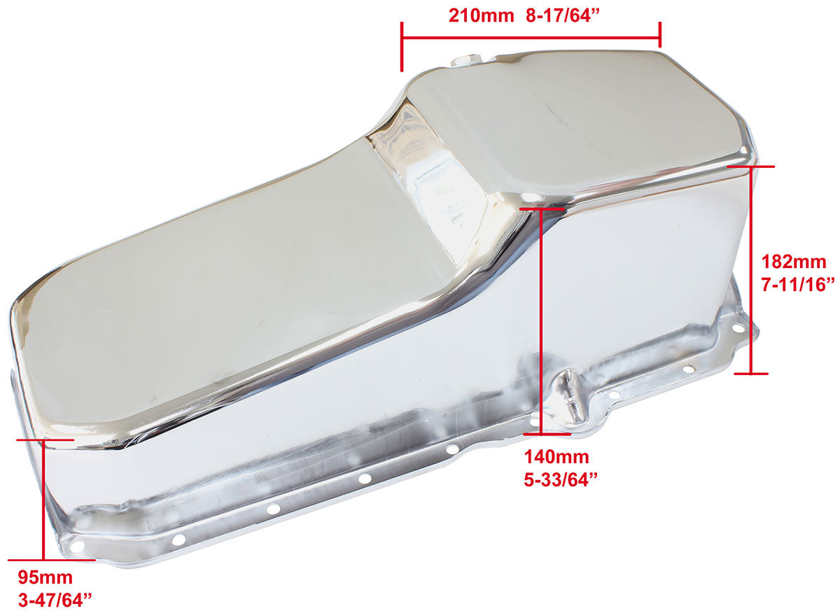 Stock Oil Pan SBC Late '86 On Rh/Side Dipstick Chrome AF82-9414C - Aeroflow