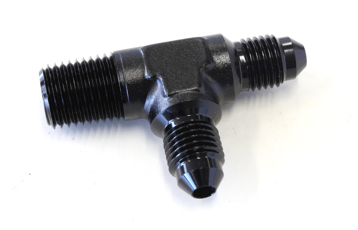 Tee -4AN With 1/4" NPT On Run Black AN Tee With NPT On Run AF826-04-04BLK - Aeroflow