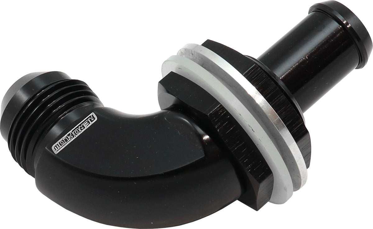 90 Deg Bulkhead Fitting -8AN To 1/2" 12mm Barb Push On AF937-08-08BLK - Aeroflow