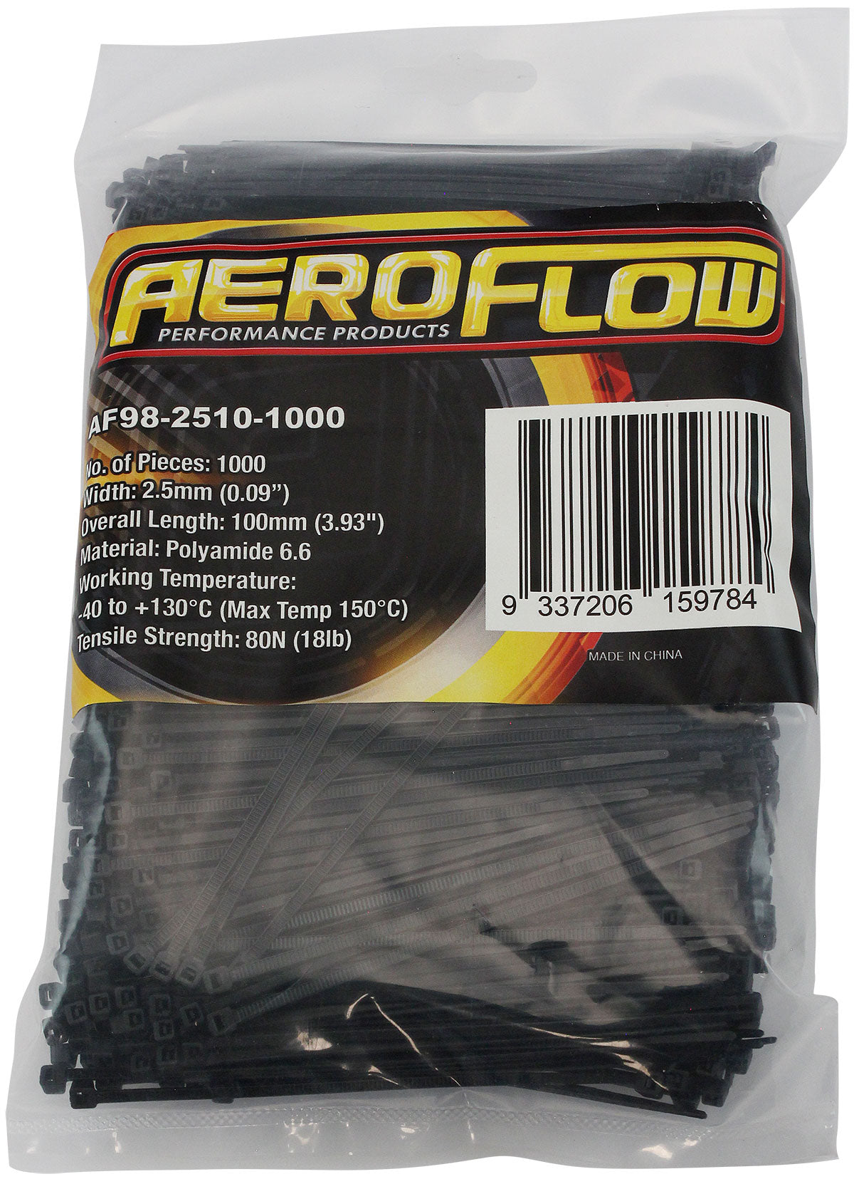 High Temp Cable Ties 2.5 x 100mm1000 Pack Black Zip Tie PA46 AF98-2510-1000 - Aeroflow