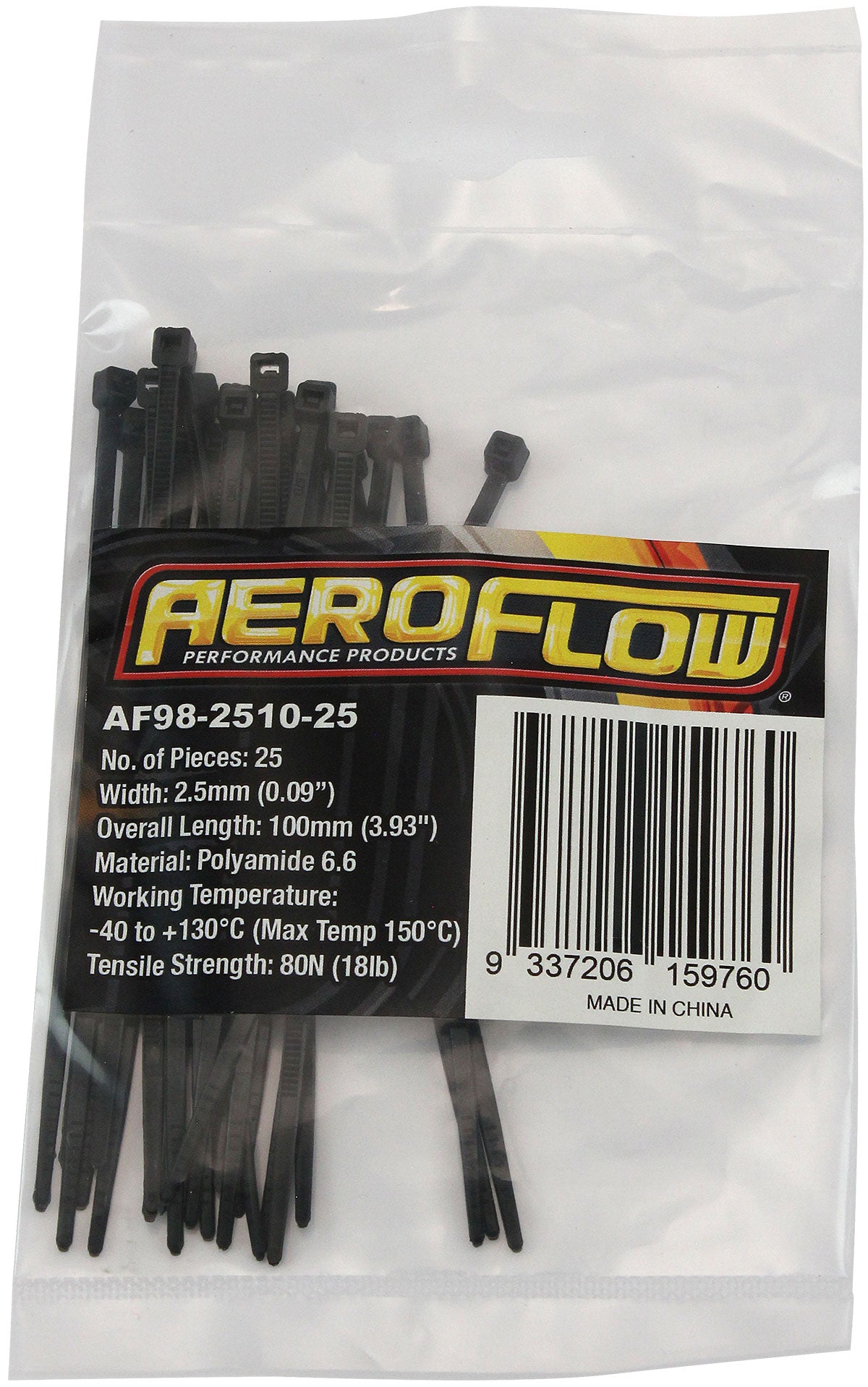 High Temp Cable Ties 2.5 x 100mm25 Pack Black Zip Tie PA46 AF98-2510-25 - Aeroflow