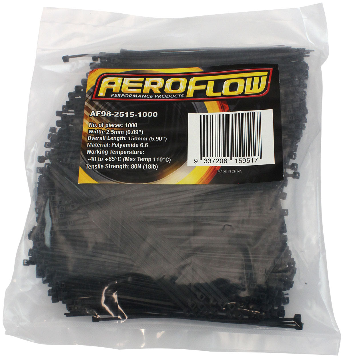 Cable Ties 2.5mm x 150mm 1000 Pack Black Zip Tie PA66 AF98-2515-1000 - Aeroflow