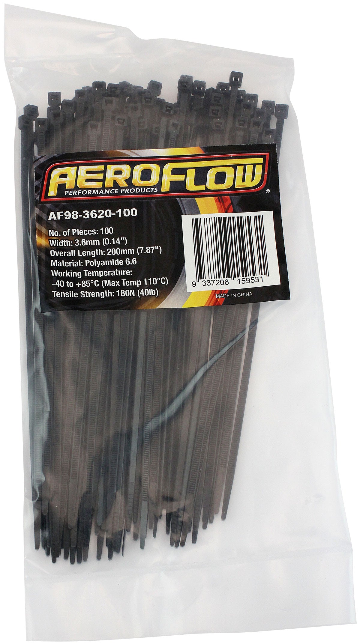 Cable Ties 3.6mm x 200mm 100 Pack Black Zip Tie PA66 AF98-3620-100 - Aeroflow