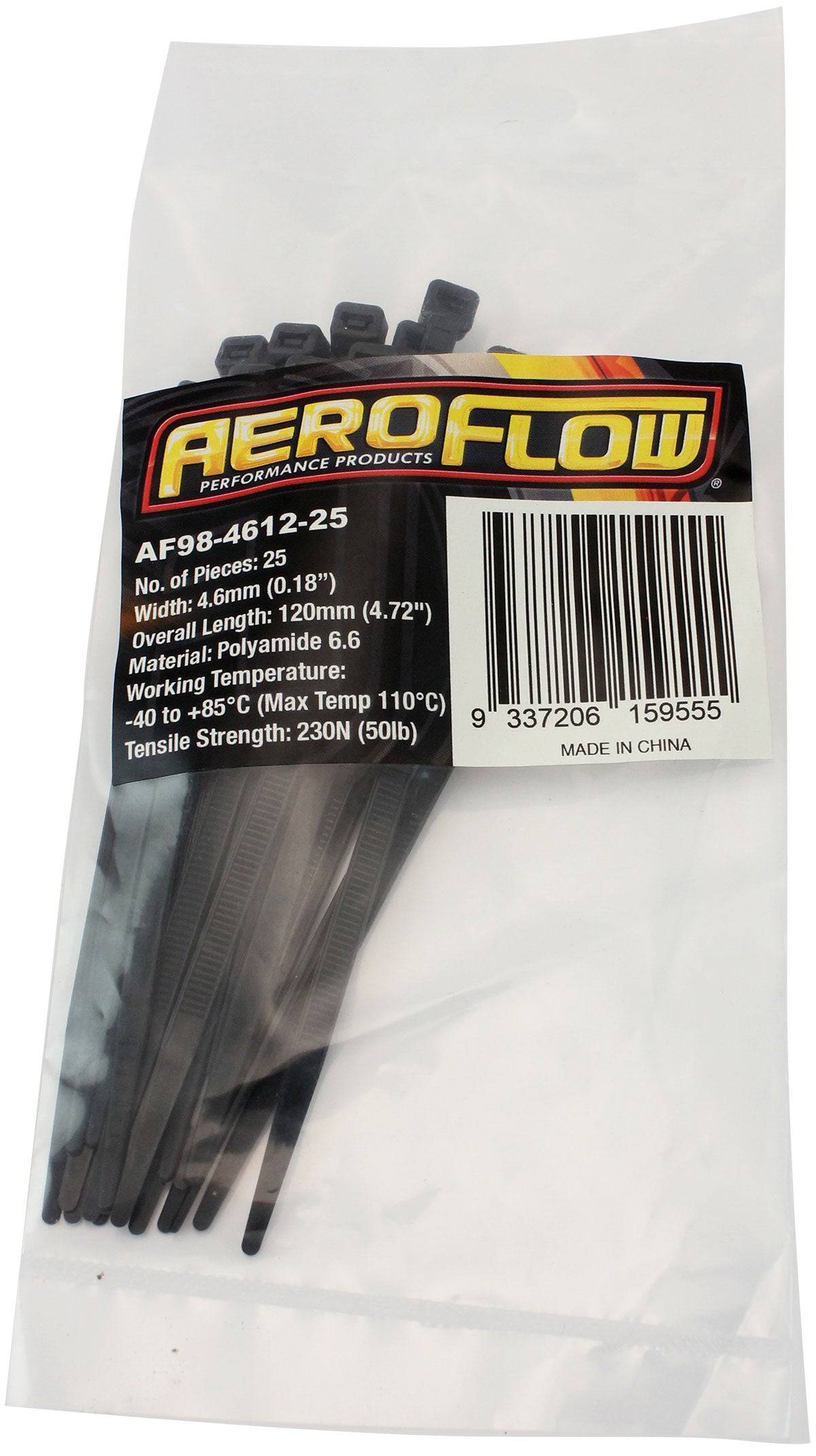 Cable Ties 4.6mm x 120mm 25 Pack Black Zip Tie PA66 AF98-4612-25 - Aeroflow