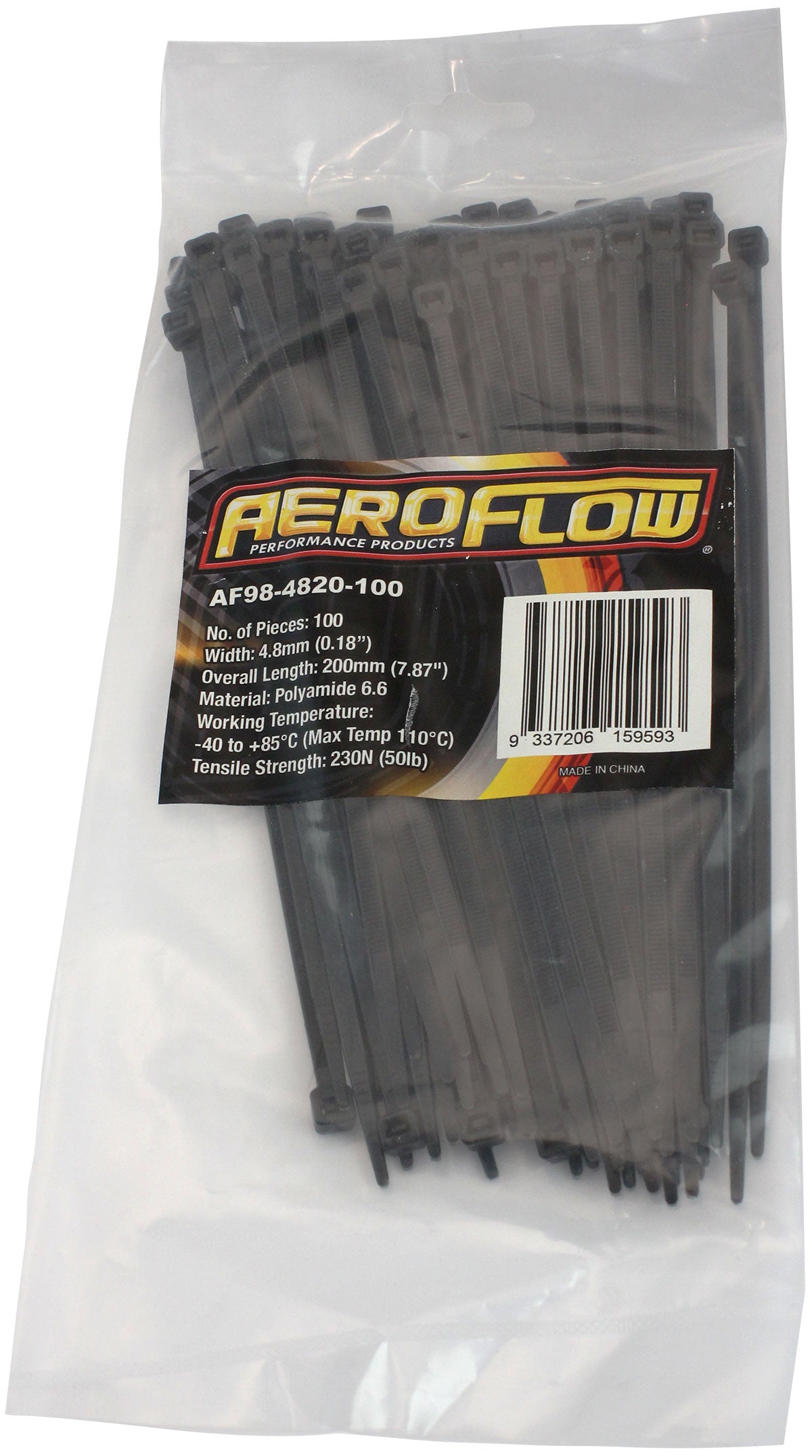 Cable Ties 4.8mm x 200mm 100 Pack Black Zip Tie PA66 AF98-4820-100 - Aeroflow