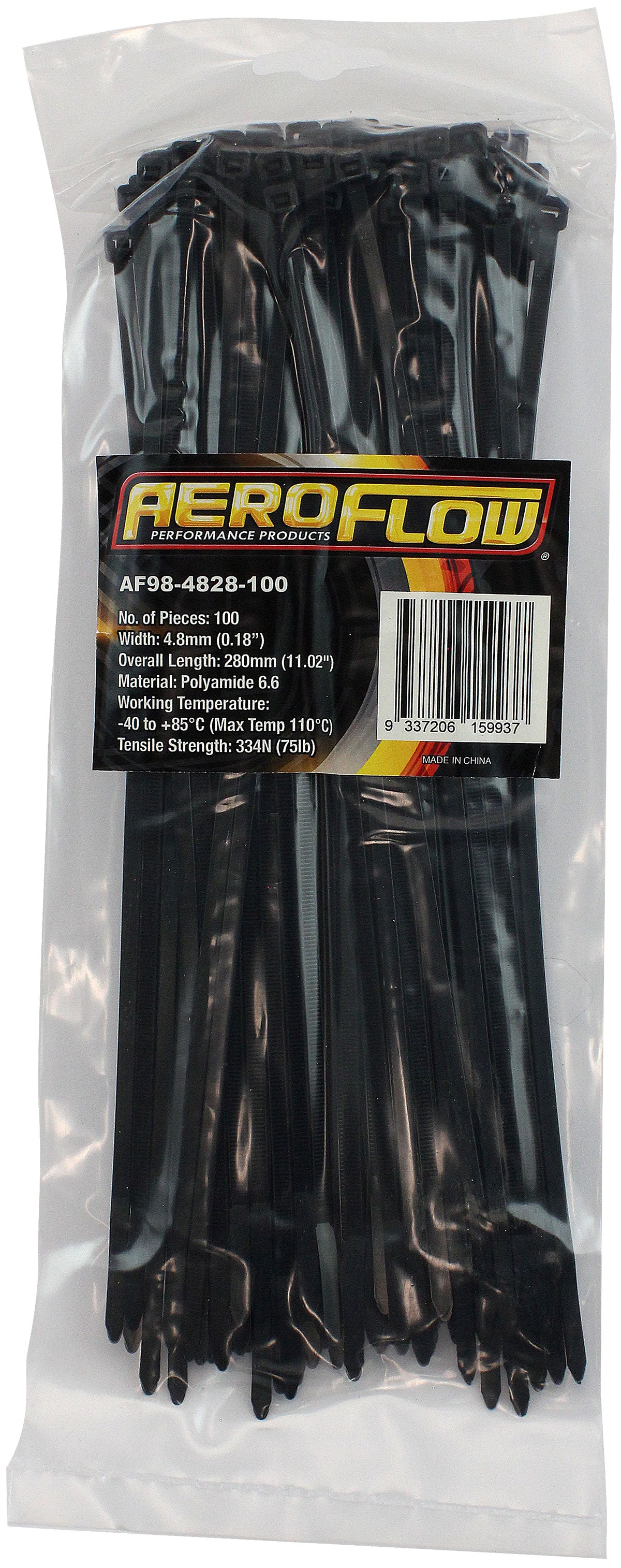 Heavy Duty Cable Tie 4.8 x 280mm100 Pack Black Zip Ties PA66 AF98-4828-100 - Aeroflow