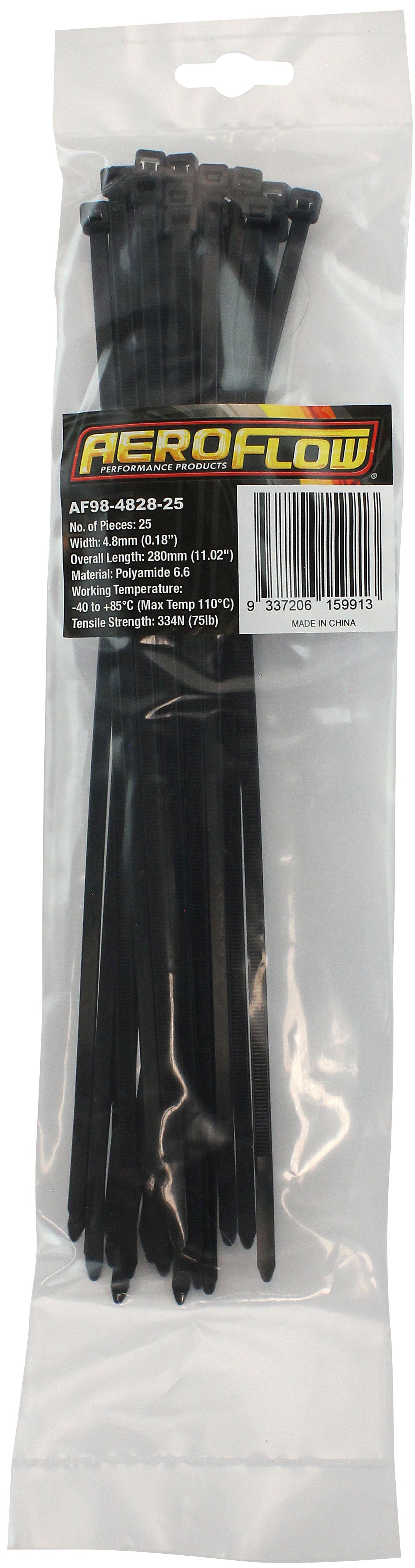 Heavy Duty Cable Tie 4.8 x 280mm25 Pack Black Zip Ties PA66 AF98-4828-25 - Aeroflow