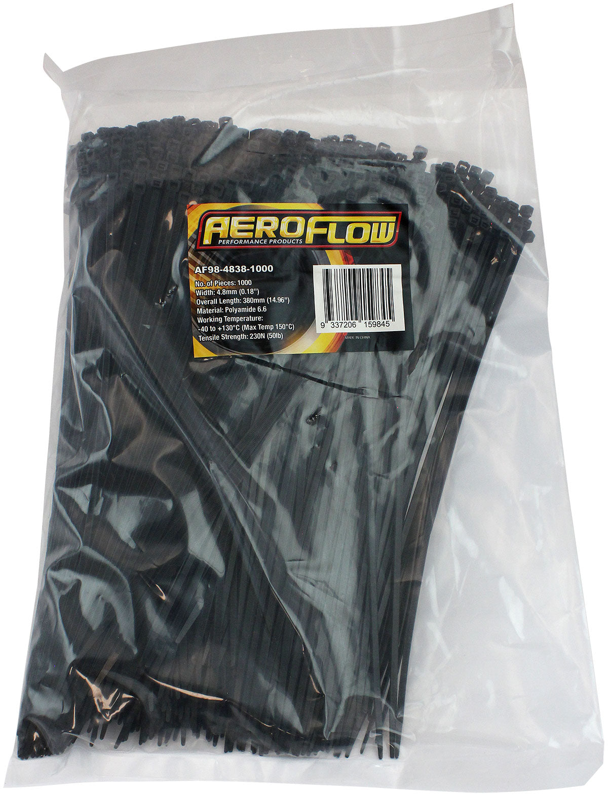 High Temp Cable Ties 4.8 x 380mm1000 Pack Black Zip Tie PA46 AF98-4838-1000 - Aeroflow