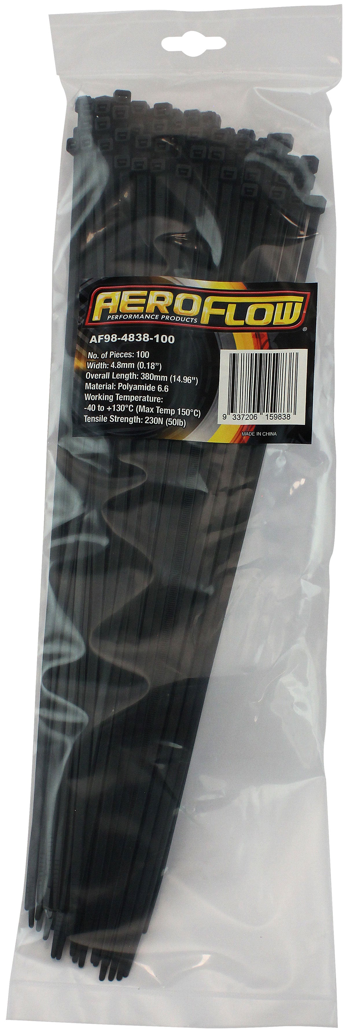 High Temp Cable Ties 4.8 x 380mm100 Pack Black Zip Tie PA46 AF98-4838-100 - Aeroflow
