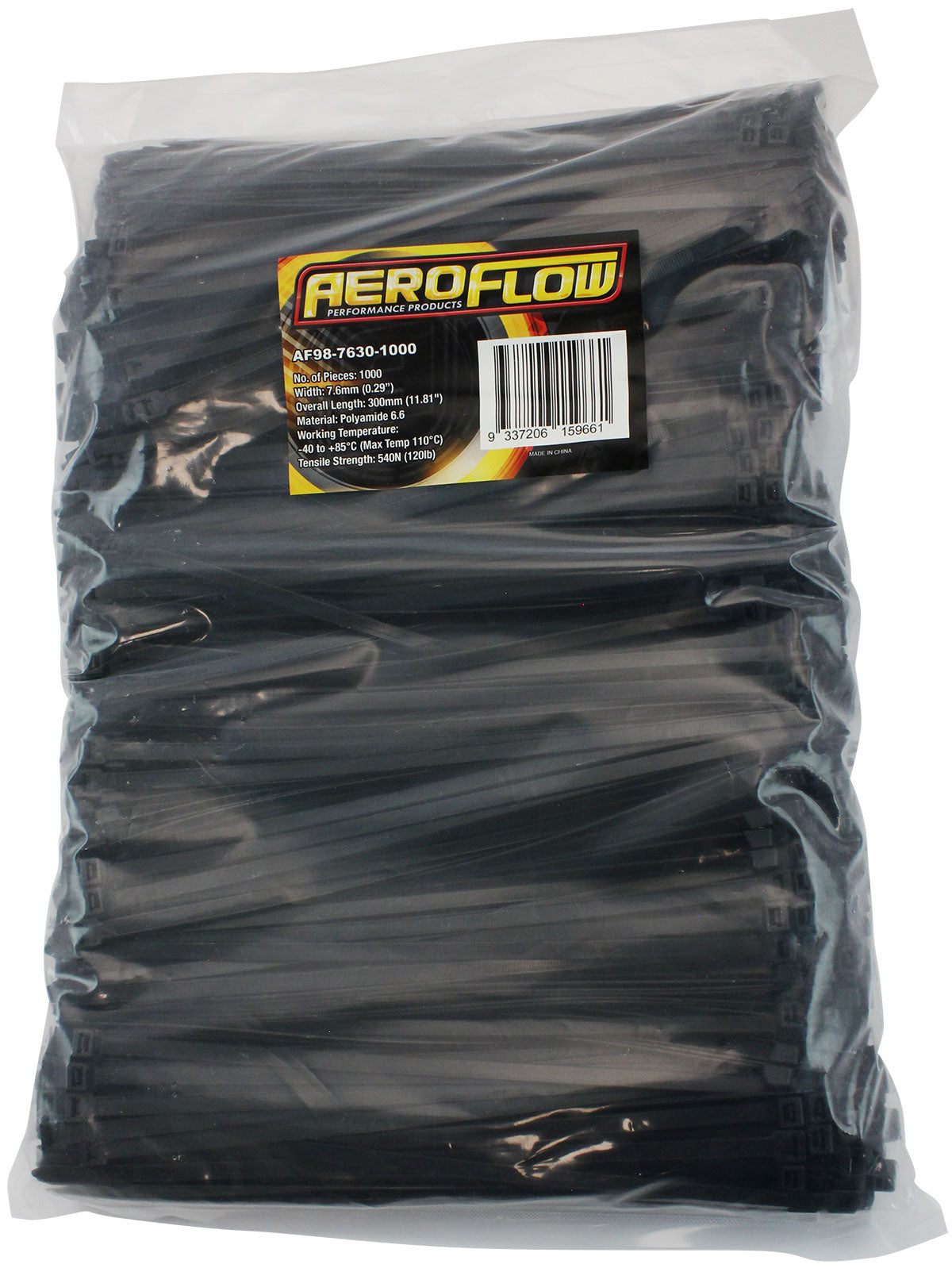 Cable Ties 7.6mm x 300mm 1000 Pack Black Zip Tie PA66 AF98-7630-1000 - Aeroflow