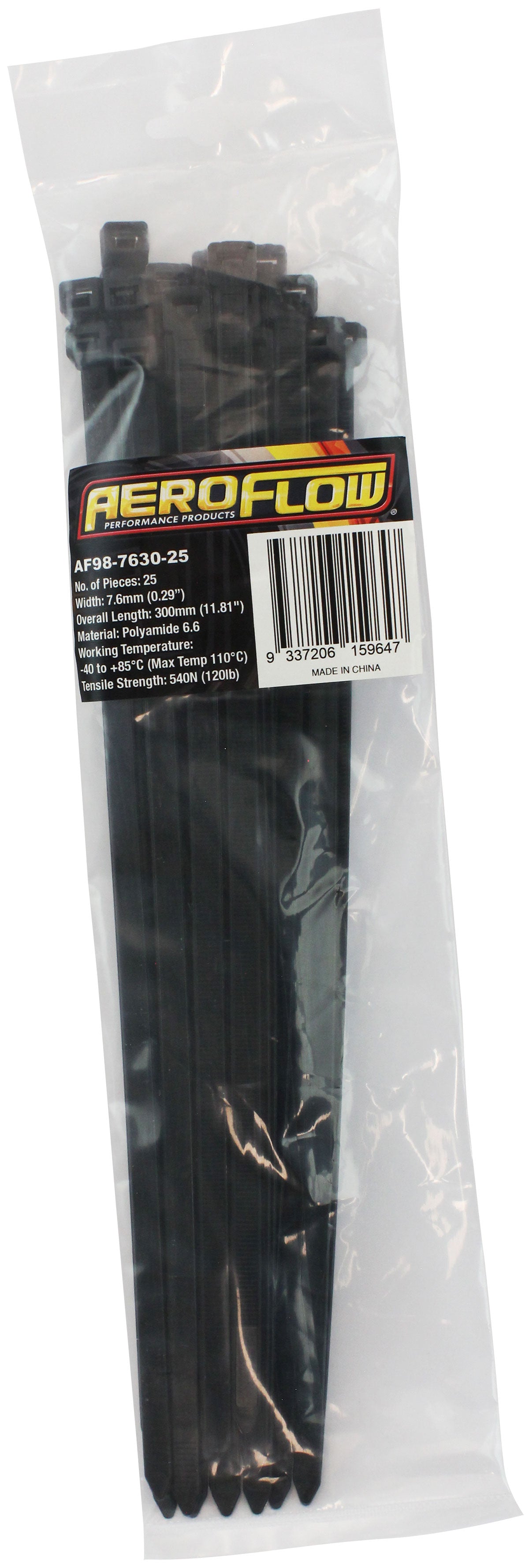 Cable Ties 7.6mm x 300mm 25 Pack Black Zip Tie PA66 AF98-7630-25 - Aeroflow