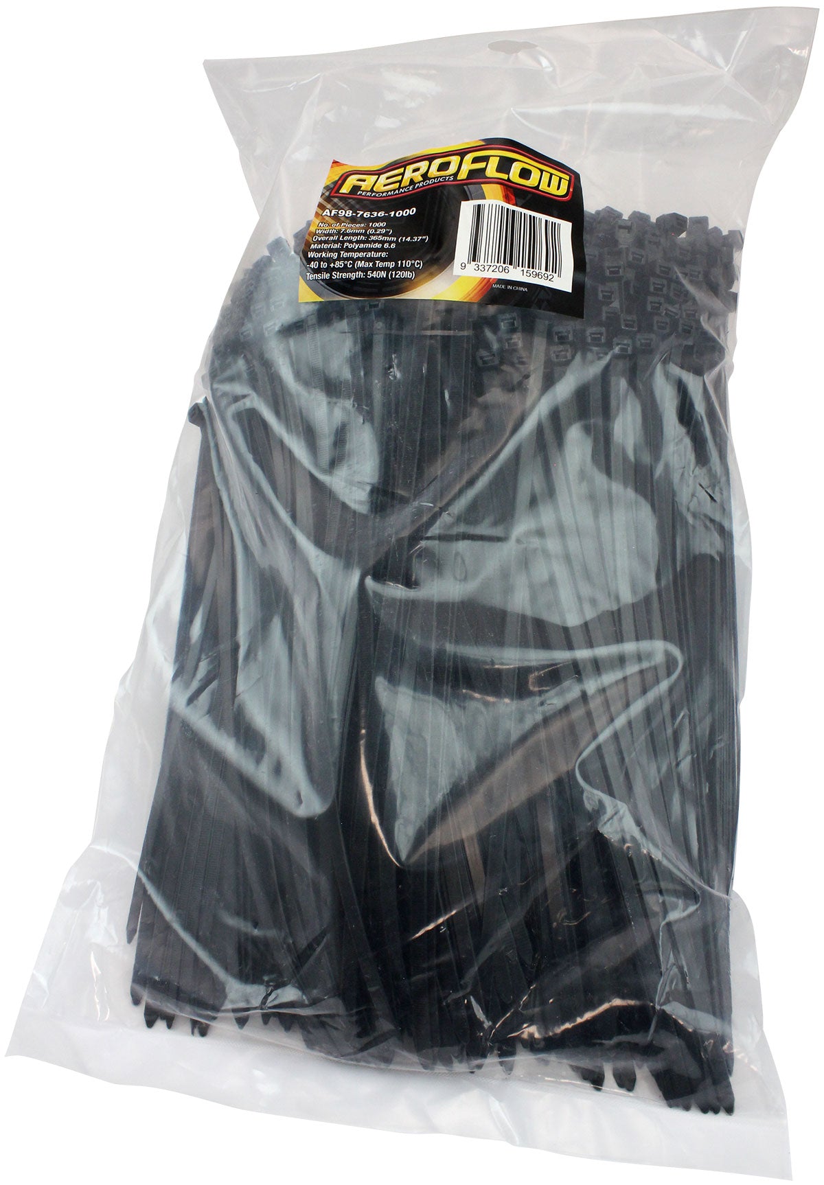 Cable Ties 7.6mm x 365mm 1000 Pack Black Zip Tie PA66 AF98-7636-1000 - Aeroflow