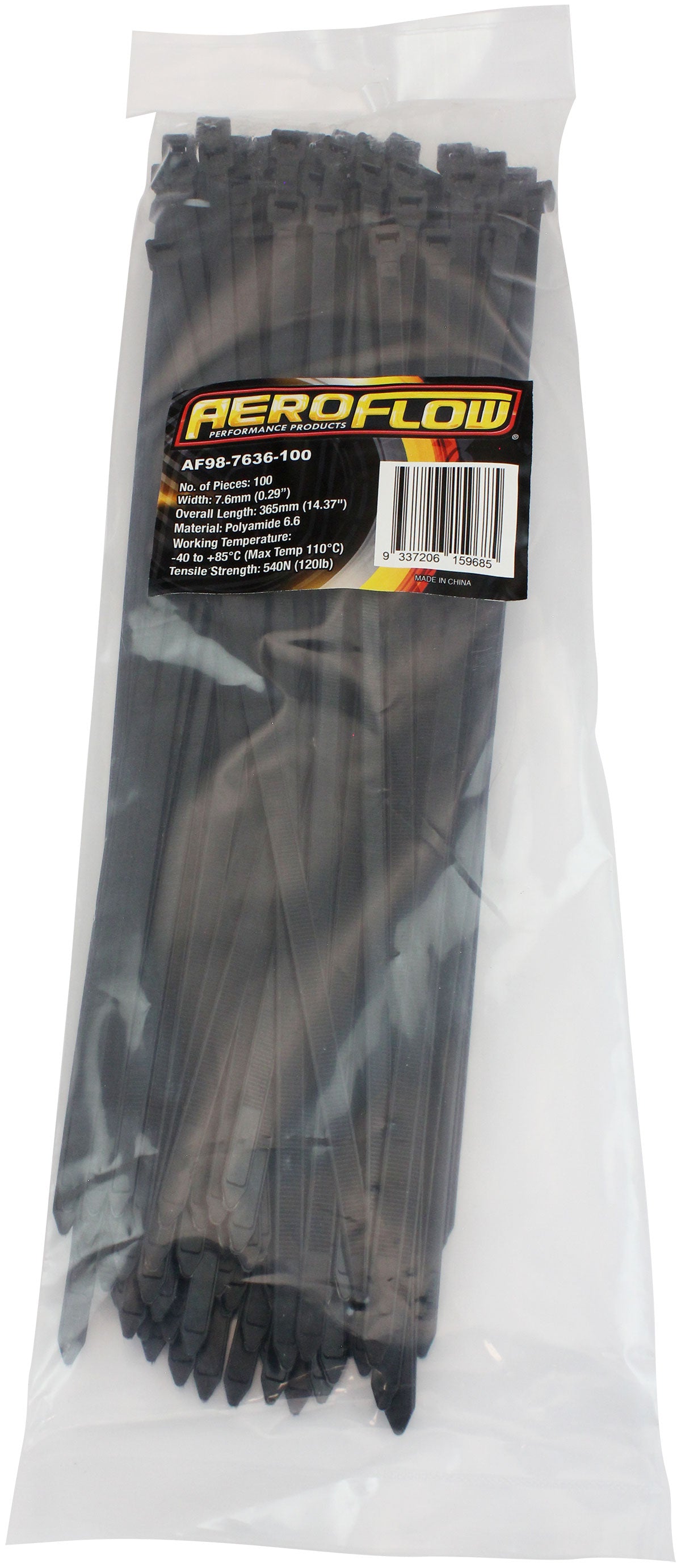 Cable Ties 7.6mm x 365mm 100 Pack Black Zip Tie PA66 AF98-7636-100 - Aeroflow