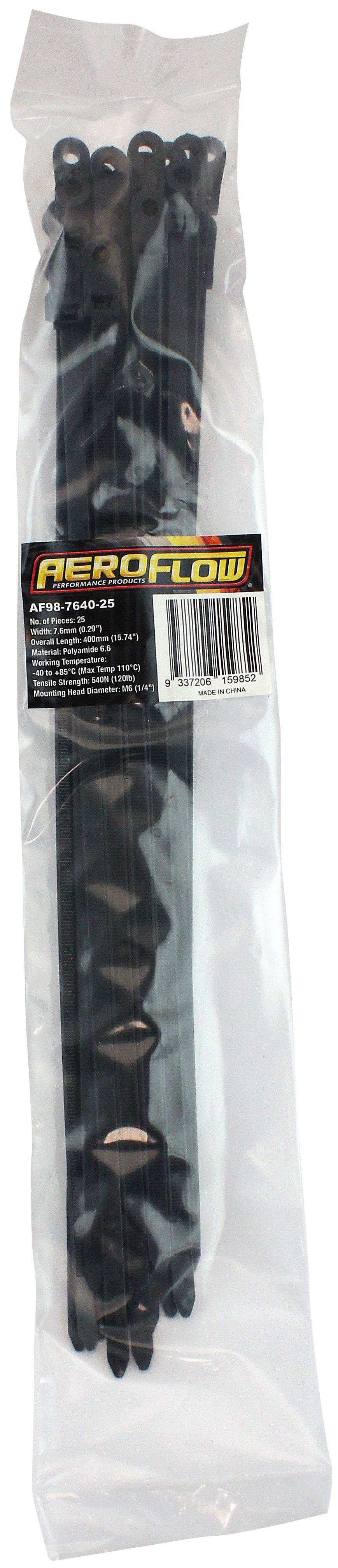 Screw Mount Cable Ties 7.6 x 400M6 25 Pack Black Zip Tie PA66 AF98-7640-25 - Aeroflow