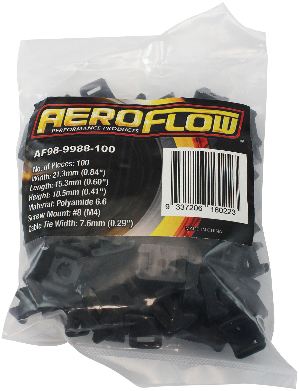 Cable Tie Screw Mounts 21mm x 15mm M4 Hole PA66 100 Pack AF98-9988-100 - Aeroflow