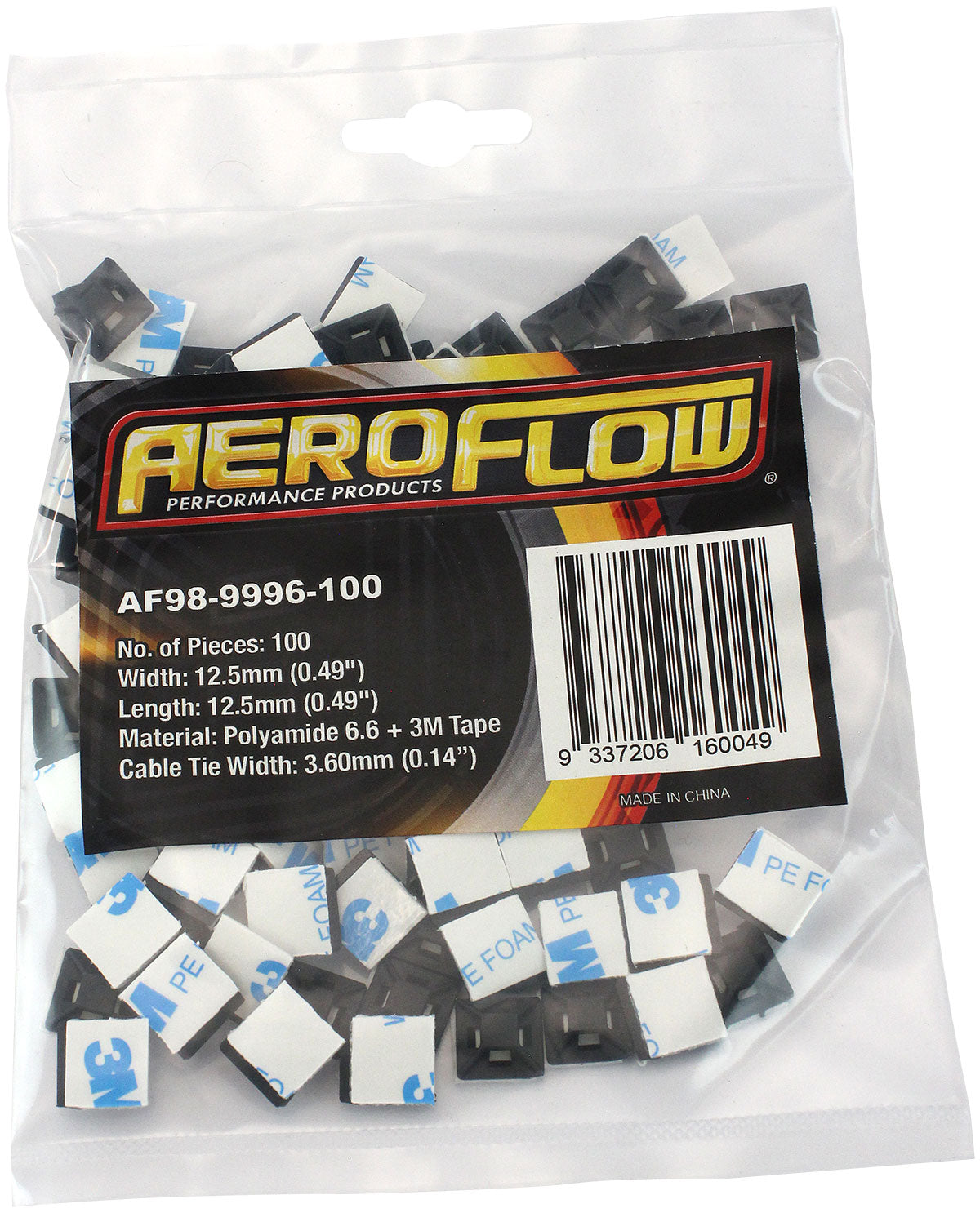 Cable Tie Mounts 12.5 x 12.5mm Nylon 3M Pad Mount Black AF98-9996-100 - Aeroflow