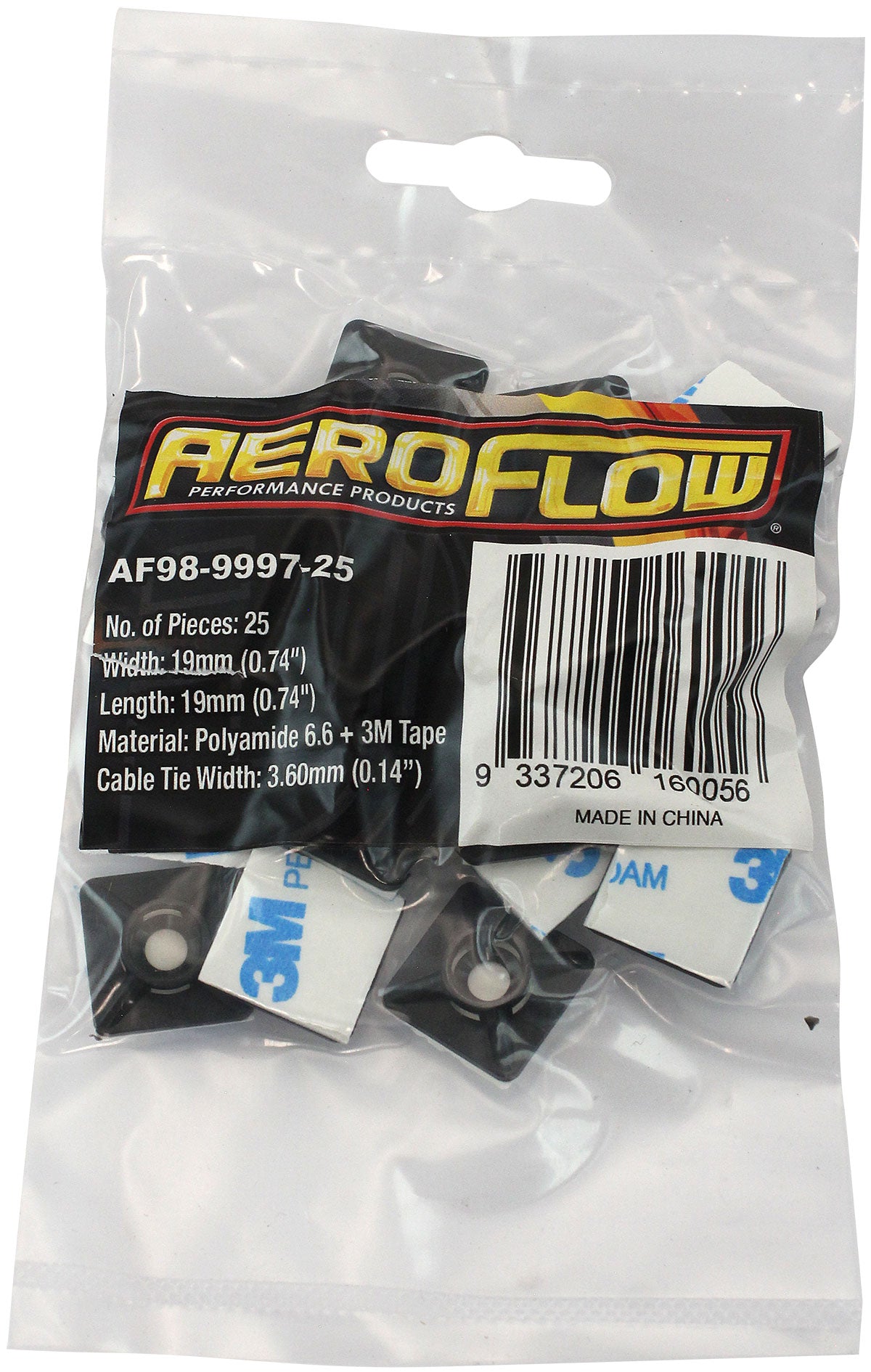 Cable Tie Mounts 19mm x 19mm Nylon 3M Pad Mount Black AF98-9997-25 - Aeroflow