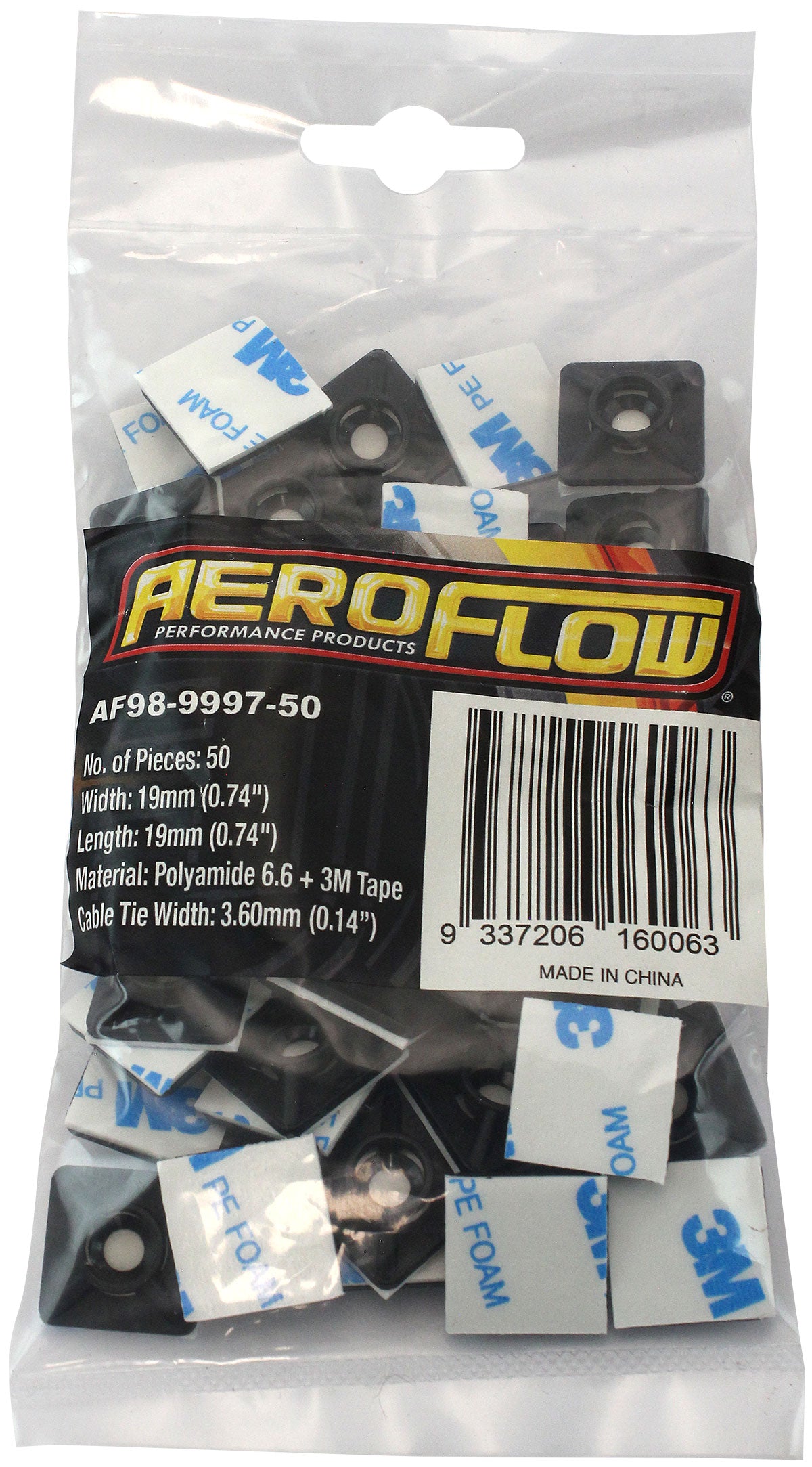 Cable Tie Mounts 19mm x 19mm Nylon 3M Pad Mount Black AF98-9997-50 - Aeroflow