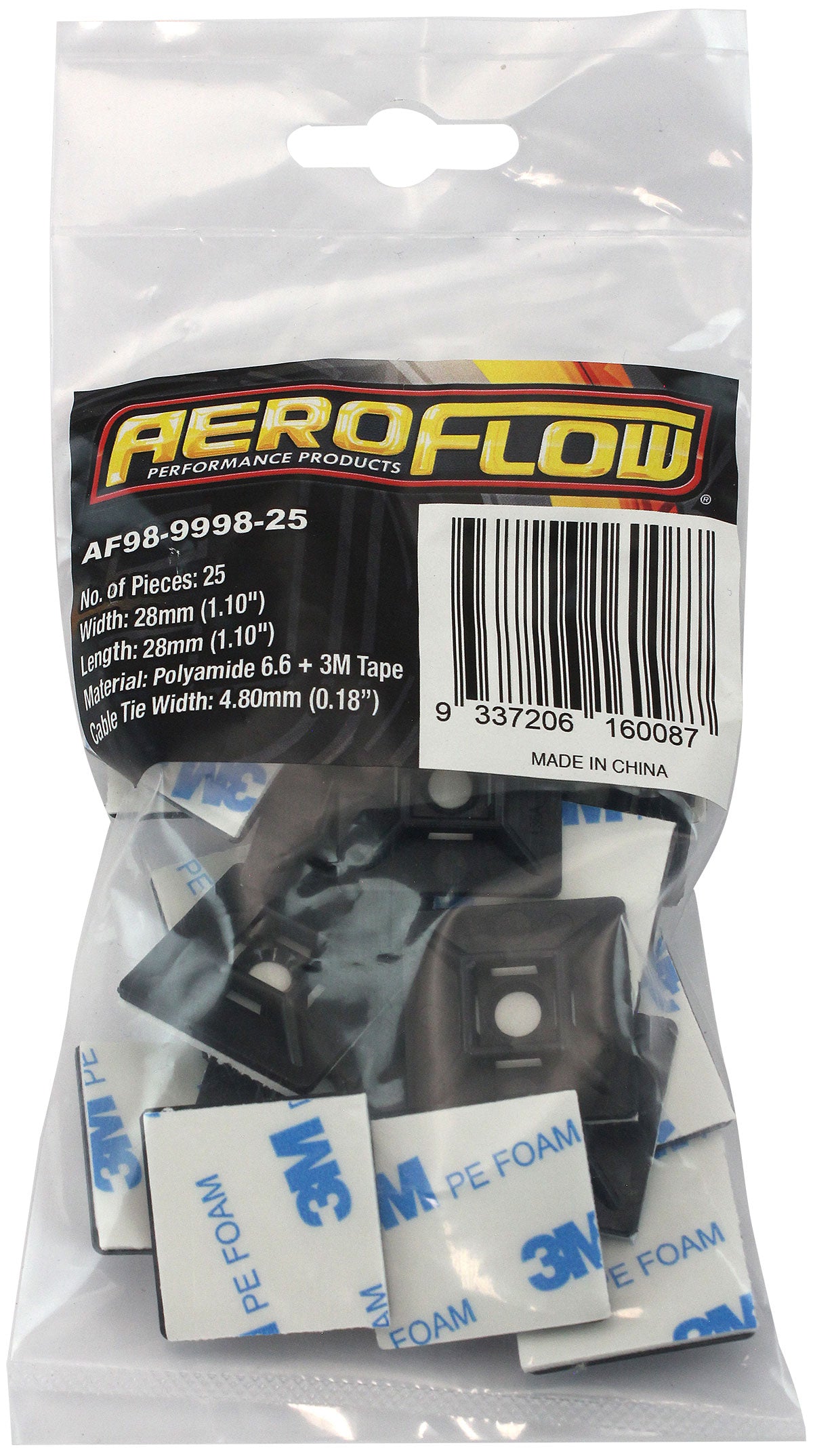 Cable Tie Mounts 28mm x 28mm Nylon 3M Pad Mount Black AF98-9998-25 - Aeroflow