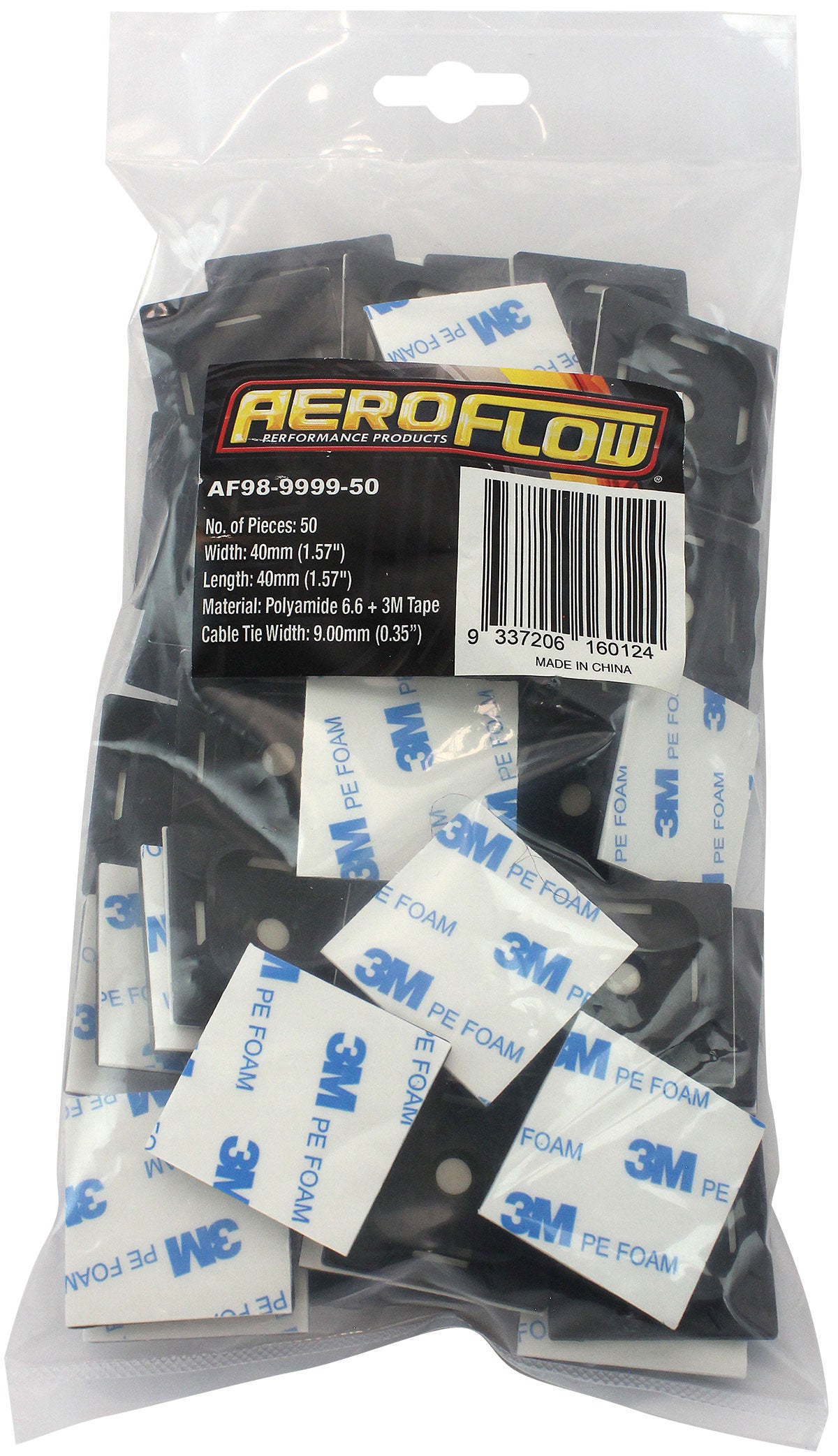 Cable Tie Mounts 40mm x 40mm Nylon 3M Pad Mount Black AF98-9999-50 - Aeroflow