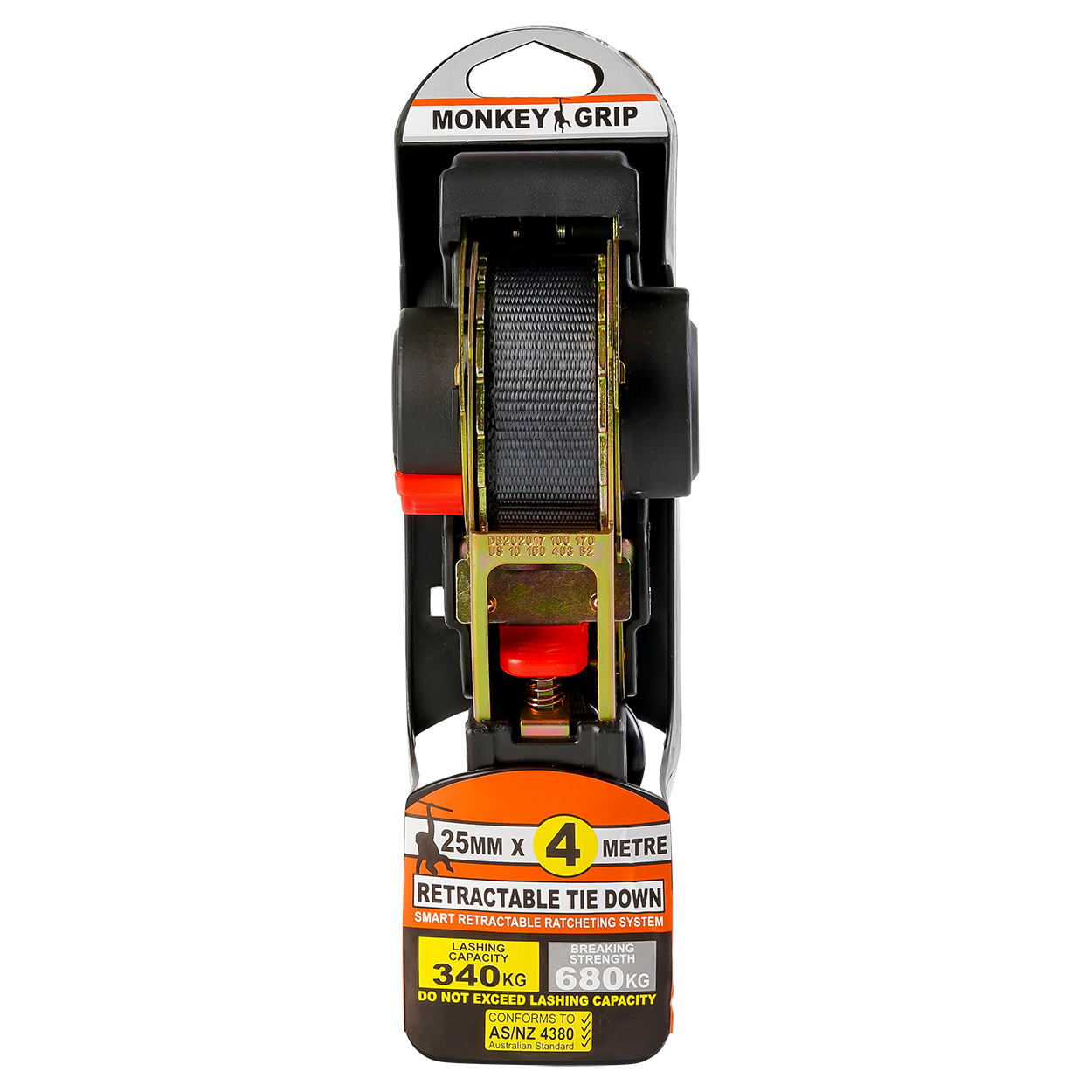 Auto Ratchet Tie Down 25mm X 4.0m 340kg 1pc - Monkey Grip