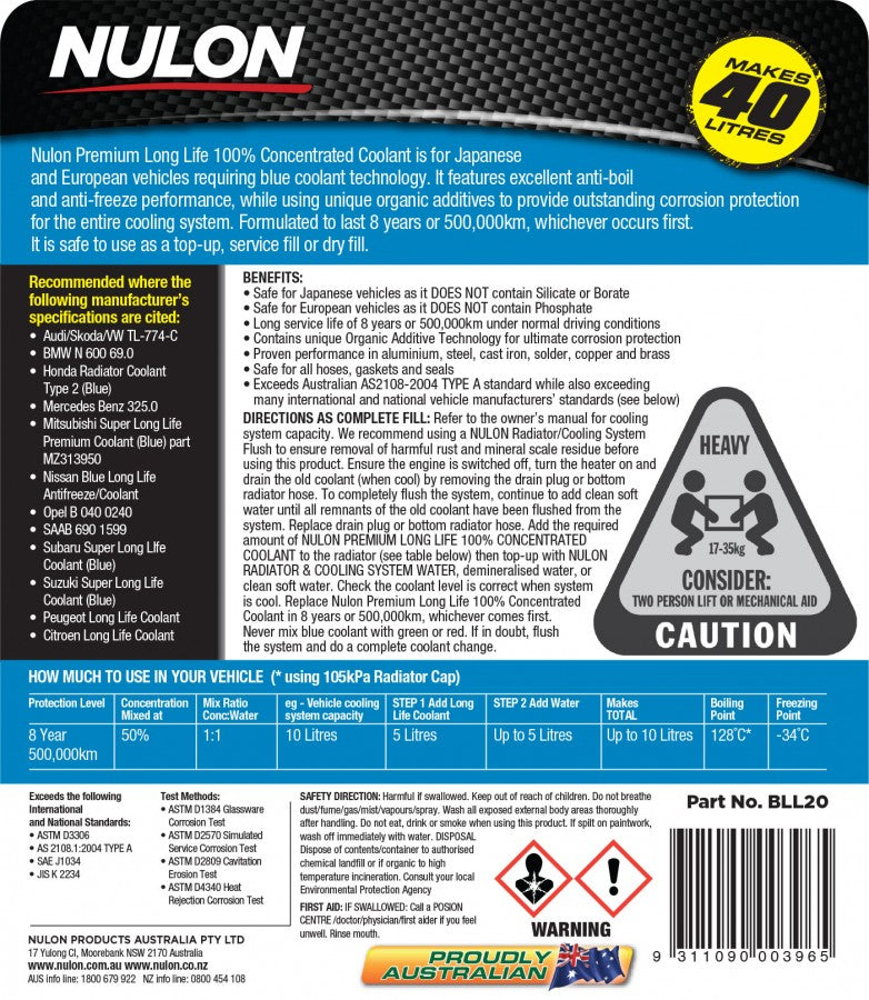 Blue Premium Long Life Coolant 100% Concentrate - Nulon
