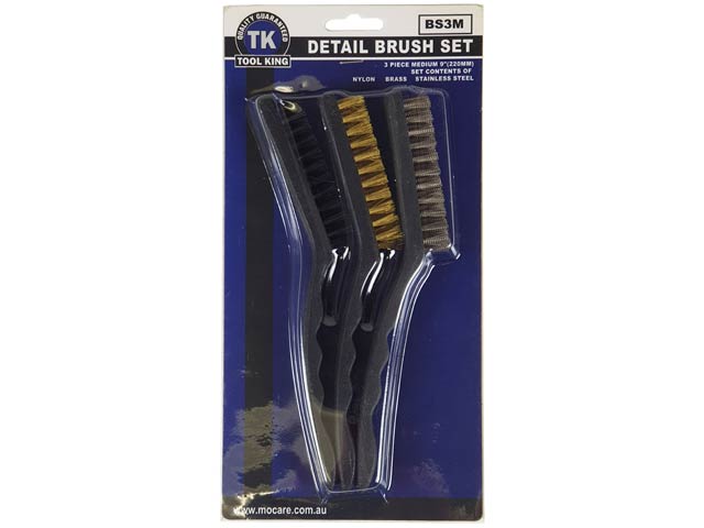 Wire Brush Set 3 Piece 9" Plastic Handles 1 of Nylon, Steel, Brass - Tool King