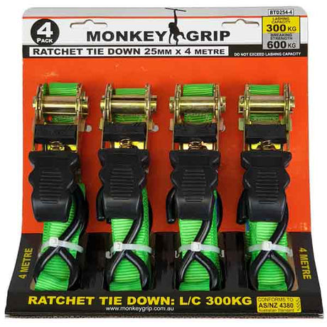 4 Piece Tie Down Ratchet Range Type 25mm x 4m 300kg - Monkey Grip | Universal Auto Spares
