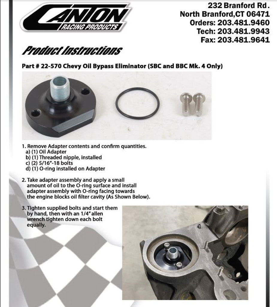 Chev Oil Filter Mount Billet NON Bypass Type CN22570 - Canton Racing Products - Oil System Components - Canton Racing Products