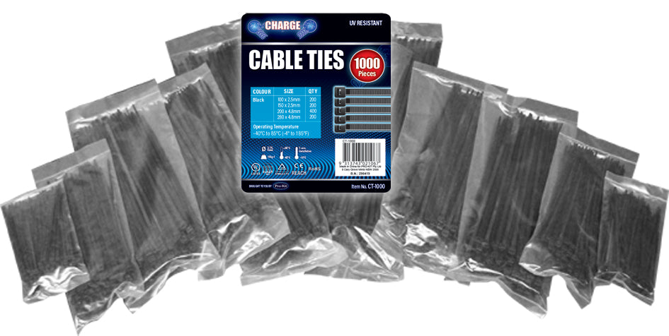 Cable Ties 1000 Piece Mixed Sizes Trade Pack - Charge