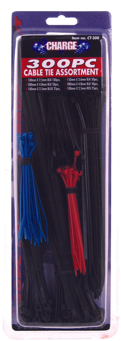 Cable Ties 300 Piece Mixed Sizes & Colours - Charge