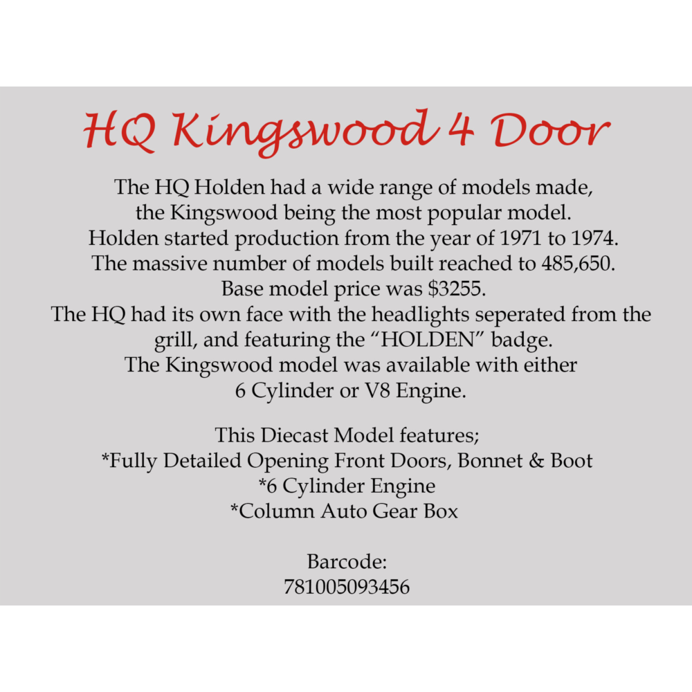 Holden HQ Kingswood 4 Door Red Diecast Model Car 1:24 Scale (Approx. 18–20cm) Collectible | Universal Auto Spares