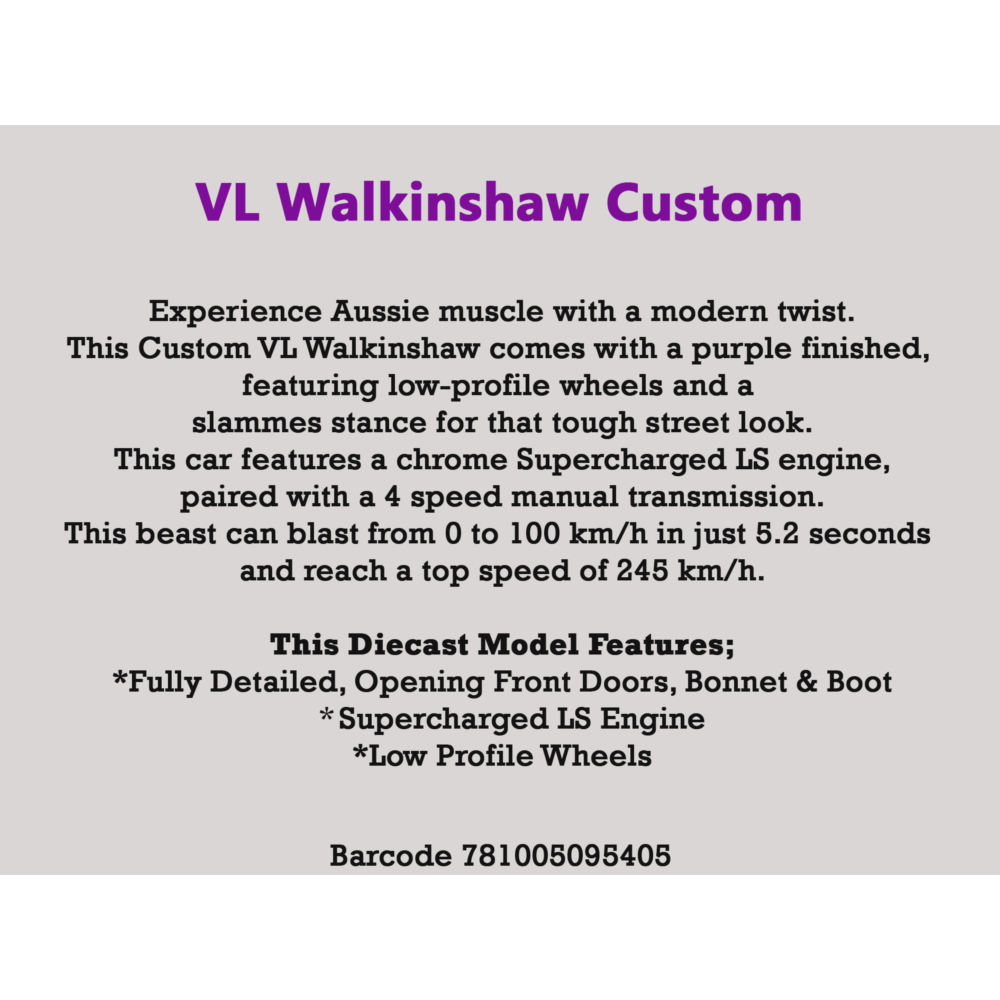 Holden VL Walkinshaw Supercharged Purple Diecast Model Car 1:24 Scale (Approx. 18–20cm) Collectible | Universal Auto Spares