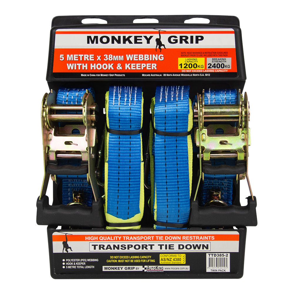 Transport Tie Down 1200KG Capacity 38mm Webbing - Monkey Grip 2 Pack 5M