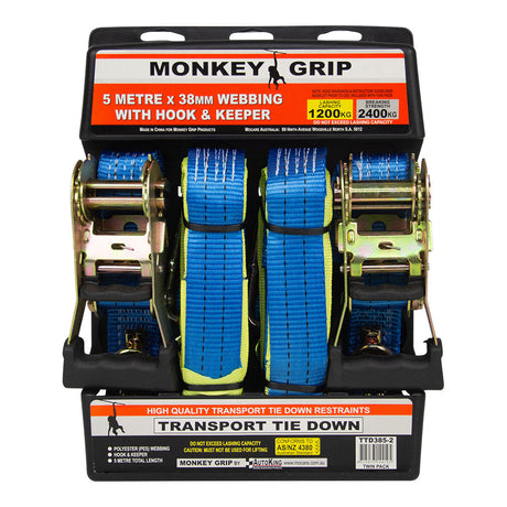 Transport Tie Down 1200KG Capacity 38mm Webbing - Monkey Grip 2 Pack 5M