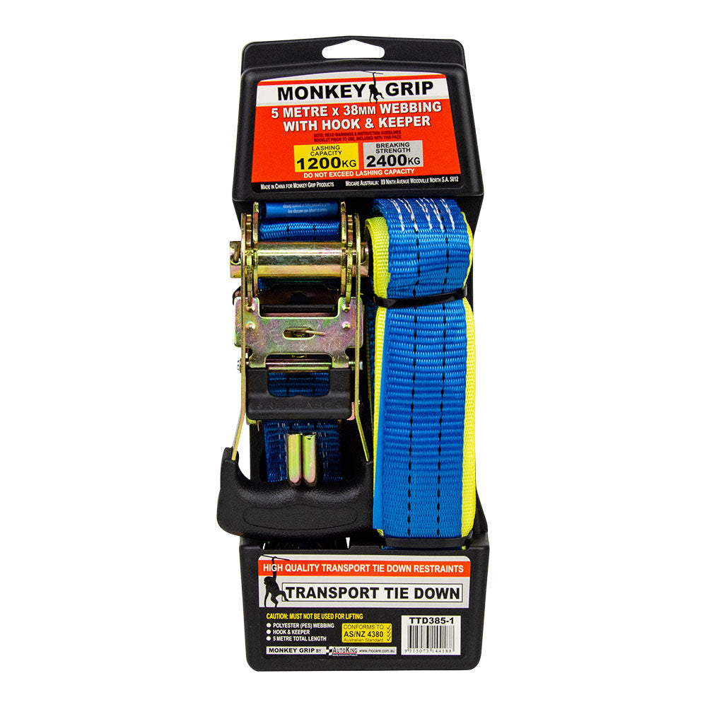 Transport Tie Down 1200KG Capacity 38mm Webbing - Monkey Grip 1 Pack 5M