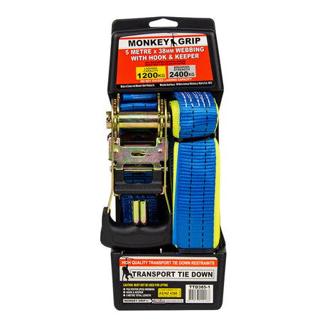 Transport Tie Down 1200KG Capacity 38mm Webbing - Monkey Grip 1 Pack 5M