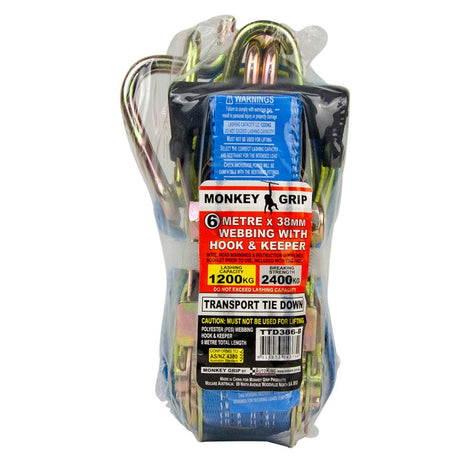 Transport Tie Down 1200KG Capacity 38mm Webbing - Monkey Grip 1 Pack 6M