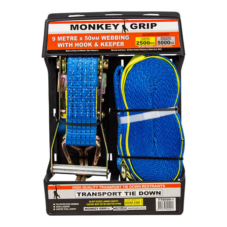 Transport Tie Down 2500KG Capacity 50mm Webbing - Monkey Grip 9M Plastic