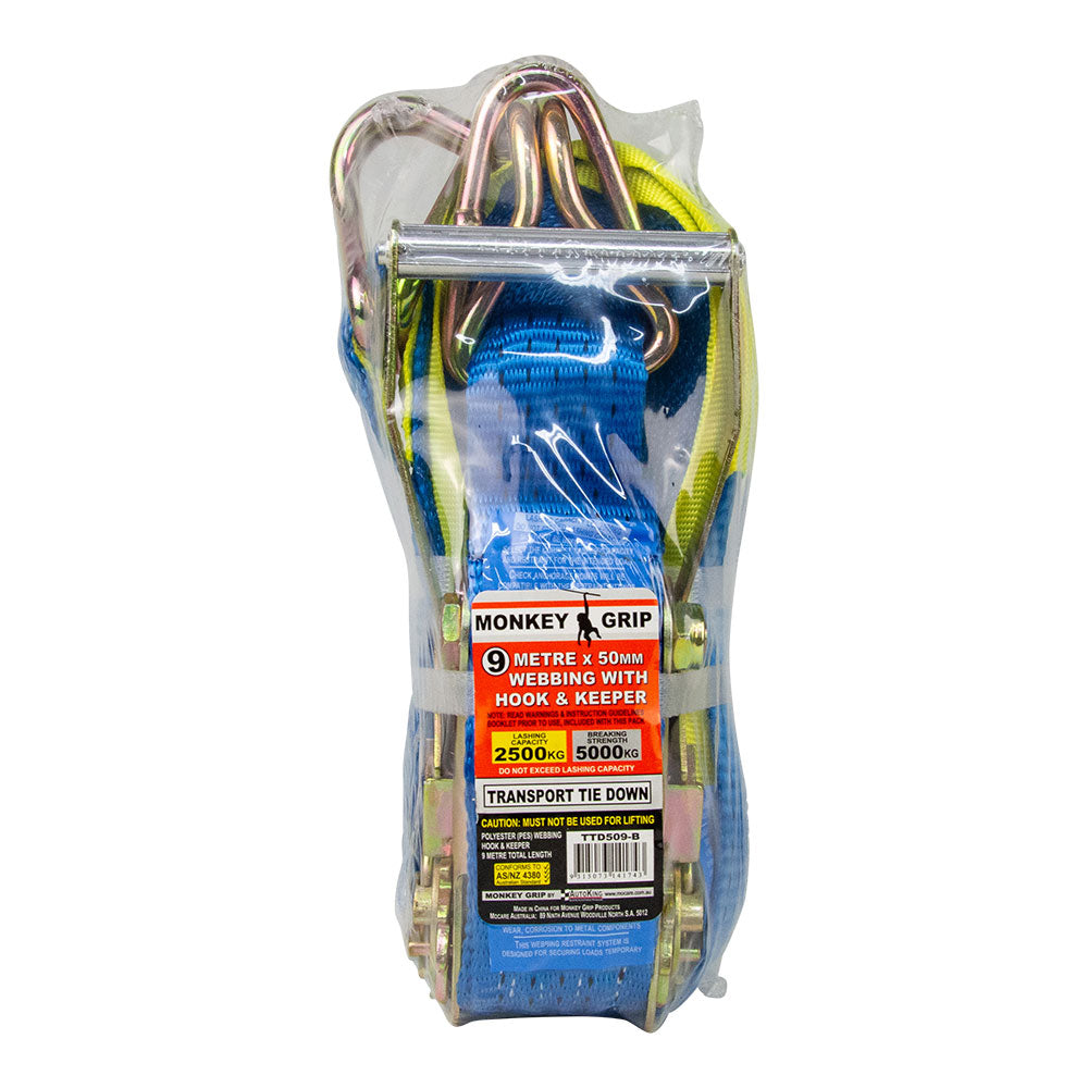 Transport Tie Down 2500KG Capacity 50mm Webbing - Monkey Grip 9M