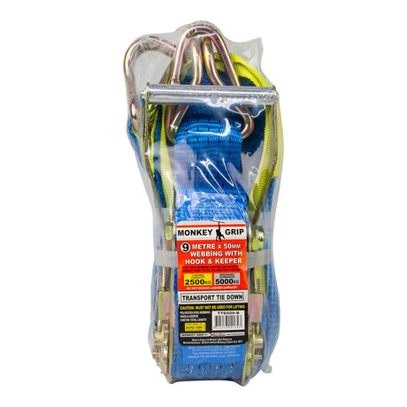 Transport Tie Down 2500KG Capacity 50mm Webbing - Monkey Grip 9M