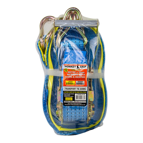 Transport Tie Down 2500KG Capacity 50mm Webbing - Monkey Grip 12M