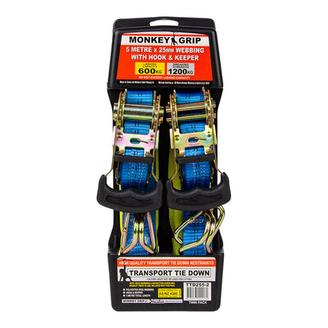 Transport Tie Down 600KG Capacity 25mm Webbing - Monkey Grip 2 Pack 5M