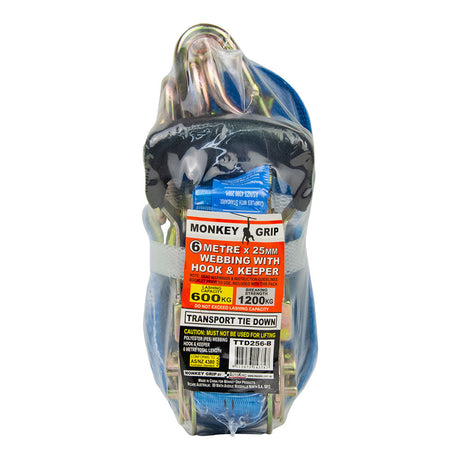 Transport Tie Down 600KG Capacity 25mm Webbing - Monkey Grip 1 Pack 6M