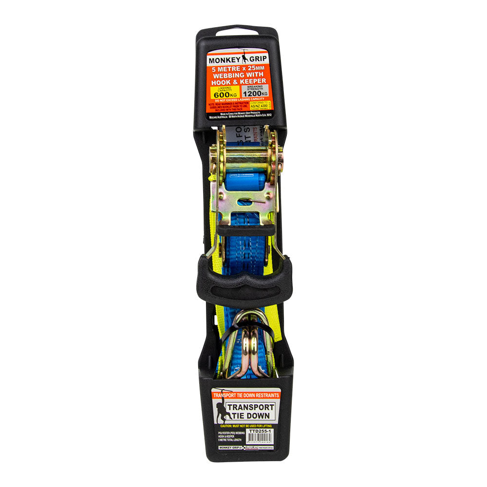 Transport Tie Down 600KG Capacity 25mm Webbing - Monkey Grip 1 Pack 5M