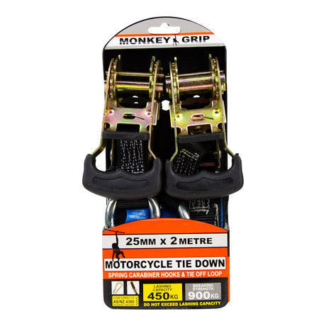 2 Piece Motorcycle Tie Down Ratchet Type 25mm x 2m 450kg - Monkey Grip | Universal Auto Spares