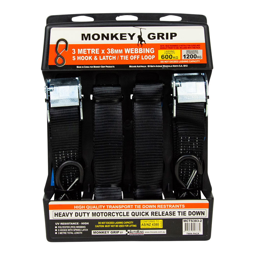 2 Piece Motorcycle Tie Down Ratchet Type 38mm x 3m 600kg - Monkey Grip