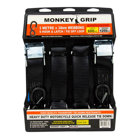 2 Piece Motorcycle Tie Down Ratchet Type 38mm x 3m 600kg - Monkey Grip | Universal Auto Spares