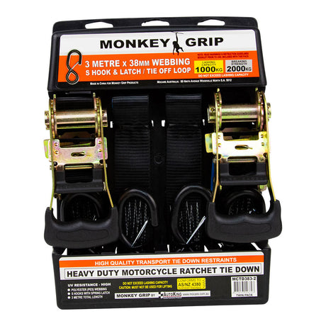 2 Piece Motorcycle Tie Down Ratchet Type 38mm x 3m 1000kg - Monkey Grip | Universal Auto Spares