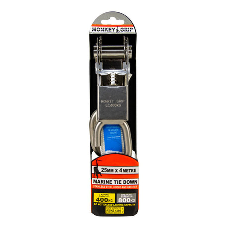 Marine Tie Down Ratchet Type 25mm x 4m 400kg - Monkey Grip